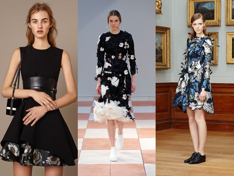 （左至右）ALEXANDER MCQUEEN 層次洋裝$99,580，Celine 針織花洋裝 $470,000，ERDEM羽毛印花洋裝 $179,580。
