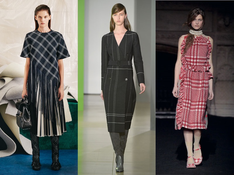 （左至右）PROENZA SCHOULER格紋流蘇上衣 $70,580 /百褶裙 $70,580， JIL SANDER 條紋幾何外套 $166,580，Simone Rocha 格紋毛料洋裝 $85,580。