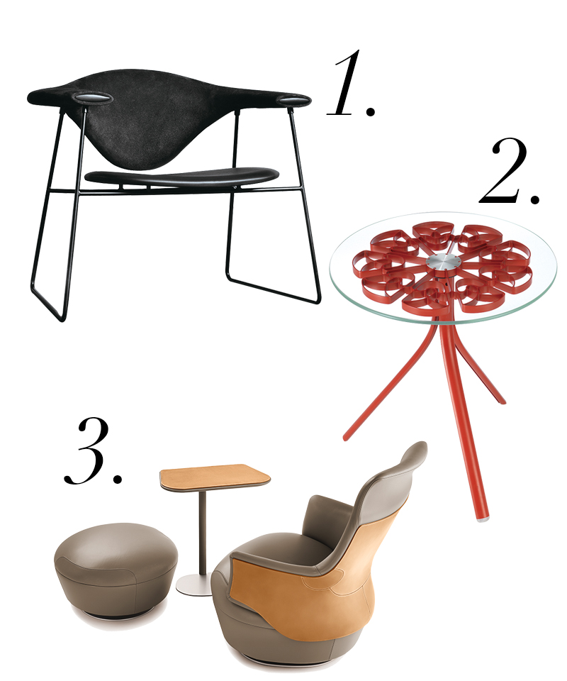 1. Gubi 奉行北歐元素推出 Masculo Chair。
2. 來自台灣的 Fafacasa 以玻璃及鋁製成的 BLOSSOM。
3. Assaya 跳脫了辦公室家具的限制，是座優雅的扶手椅。