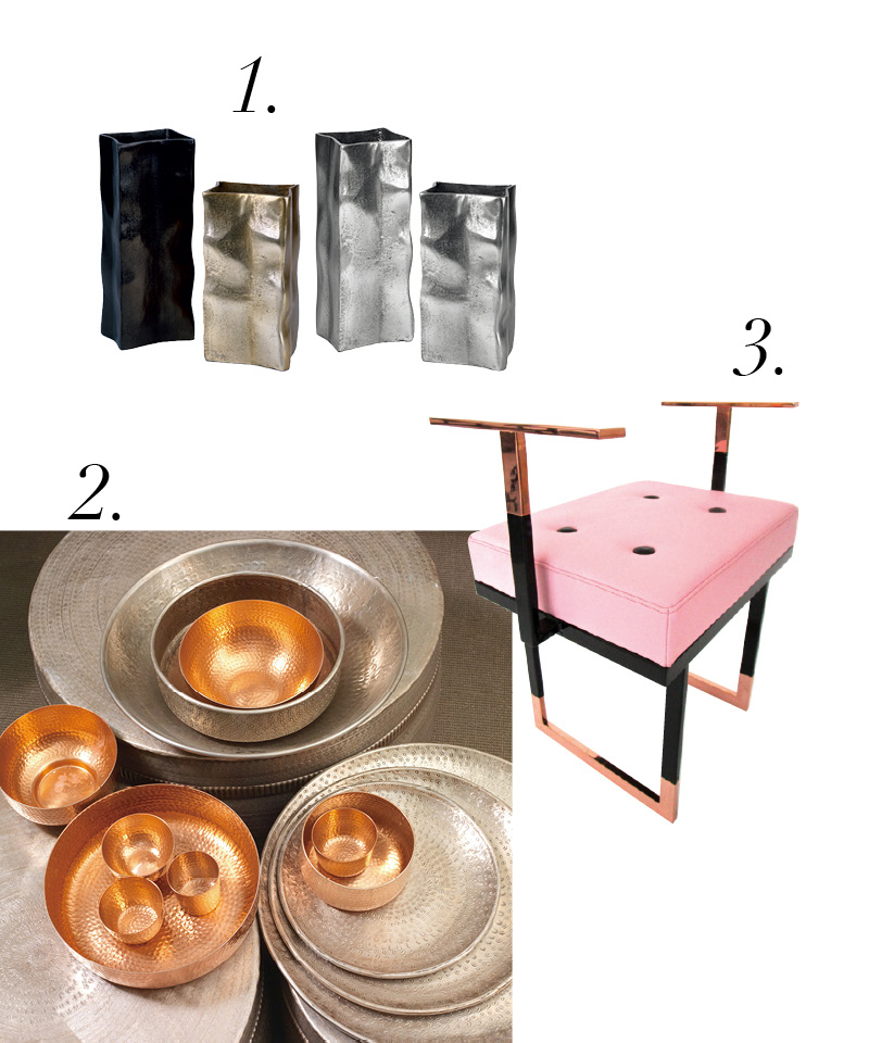 1. LAMBERT Samu vases花瓶系列。
2. SIMLA SA Plateaux en aluminium martelé餐盤。
3. NICOLA FALCONE Pouf Mondrian座椅。