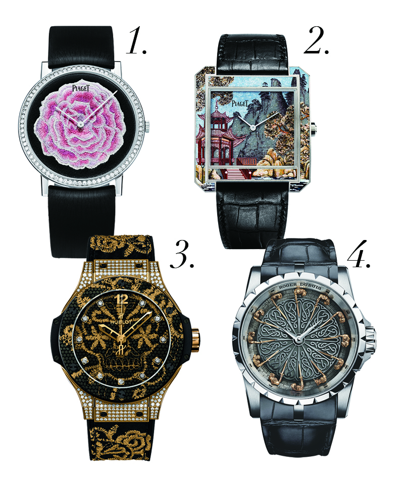 1. Piaget Altiplano 絲綢針畫刺繡腕錶，手動上鍊機械機芯、18K白金鑲嵌美鑽錶殼、時分顯示、38mm、限量3只／NTD1,290,000。
   2. Piaget Protocole XXL 微砌馬賽克腕錶，手動上鍊機芯、18K 白金微砌馬賽克錶殼、時分顯示、限量8只／價格店洽。
   3. Hublot Big Bang 刺繡腕錶，自動上鍊機械機芯、精鋼錶殼、時分顯示／NTD 1,186,000。
   4. Roger Dubuis Excalibur Knights of the Round Table圓桌騎士腕錶2，自動上鍊機械機芯、白金錶殼、時分顯示、日內瓦印記、45mm、防水深度50米、限量28只／NTD9,045,000。