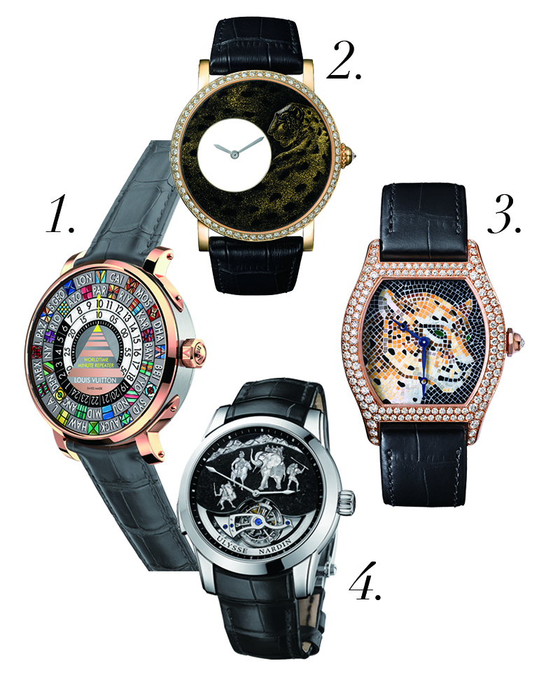 1.Louis Vuitton ESCALE世界時三問報時腕錶，手動上鍊機械機芯、18K玫瑰金錶殼、世界時、三問報時、44mm、防水深度30米／價格店洽。
   2.Cartier Rotonde de Cartier 美洲豹裝飾腕錶，手動上鍊機械機芯、18K黃金錶殼、時分顯示、42mm／NTD4,610,000。 
   3.Cartier Tortue 寶石鑲嵌馬賽克美洲豹裝飾腕錶，手動上鍊機芯、18K玫瑰金鑲嵌鑽石錶殼、時分顯示、限量30只／NTD4,300,000。
   4.ULYSSE NARDIN Hannibal Minute Repeater 漢尼拔三問報時錶，手動上鍊機芯、鉑金錶殼、陀飛輪、三問報時、時分顯示、44mm、防水深度30米、限量30只／NTD735,000。