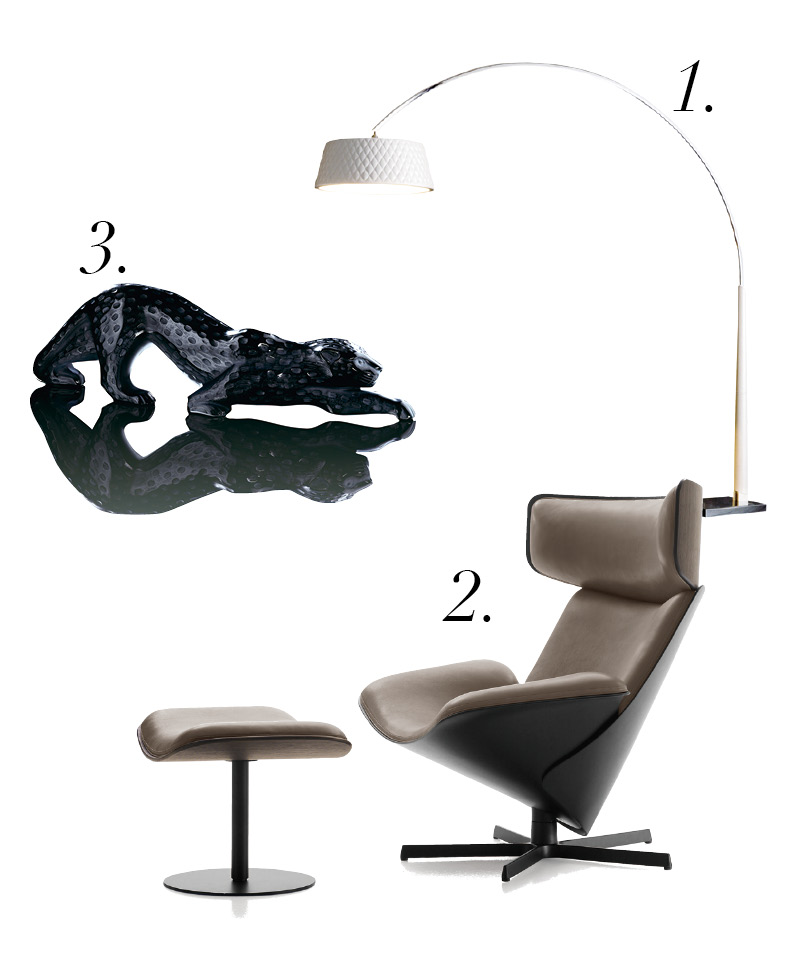 1.Rugiano 的吊式檯燈。（徠禮家具）
   2.B&B Italia 可量身打造的 ALMORA 座椅。（Bon Maison）
   3.PANTHERE ZEILA 西利亞水晶黑豹。（LALIQUE）