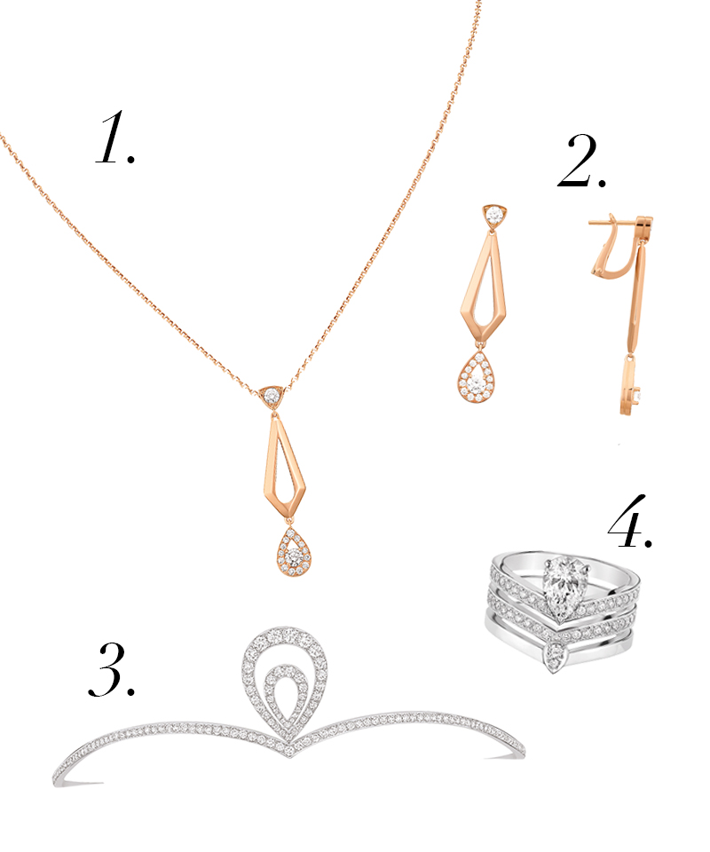 1.Chaumet Josephine 18K黃金鑲鑽項鍊／NTD256,000。
2.CHAUMET Josephine 18K黃金鑲鑽耳環／NTD424,000。
3.CHAUMET Josephine Tiara Aigrette白金鑲鑽頭飾／NTD2,311,000。
4.CHAUMET （上至下）Josephine Aigrette 單鑽鉑金戒環／NTD673,000、Josephine Aigrette 鉑金鑲鑽婚戒NTD118,000、Josephine Aigrette 鉑金鑽石婚戒／NTD83,000。