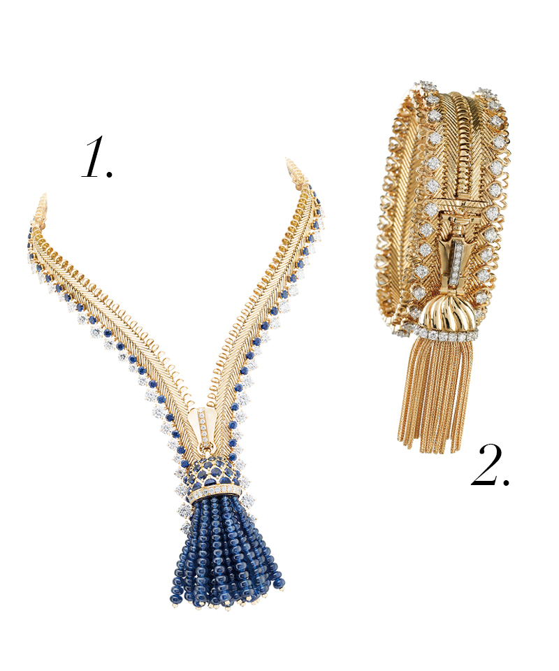 1.Van Cleef & Arpels Zip Antique Colombine 項鍊，黃K金、藍寶石，可轉換為手鍊配戴。
2.1951年第一只 Van Cleef & Arpels Zip 項鍊，以黃K金打造。