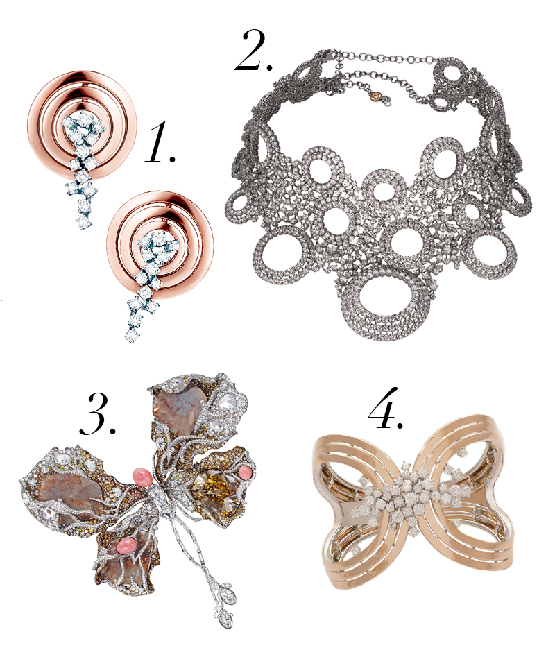 1.DAMIANI Sophia Loren Masterpiece 系列玫瑰金鑲白鑽耳環／NTD429,000。
2.DAMIANI Sophia Loren Masterpiece 項鍊／NTD23,380,000。
3.Cindy Chao 芭蕾蝴蝶（Ballerina Butterfly），粉紅海螺珍珠、鑽石、彩鑽。
4.DAMIANI 2013年推出 Sophia Loren Masterpiece 系列玫瑰金鑲白鑽手鐲／NTD2,880,000。