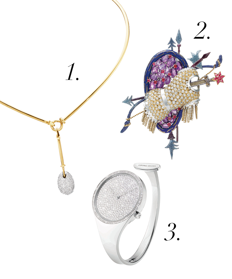 1.GEORG JENSEN DEW DROP系列頸圈，18K黃金、鑽石。
2.Tiffany Jean Schlumberger Trophy 胸針。
3.GEORG JENSEN VIVIANNA系列腕錶，鑽石。