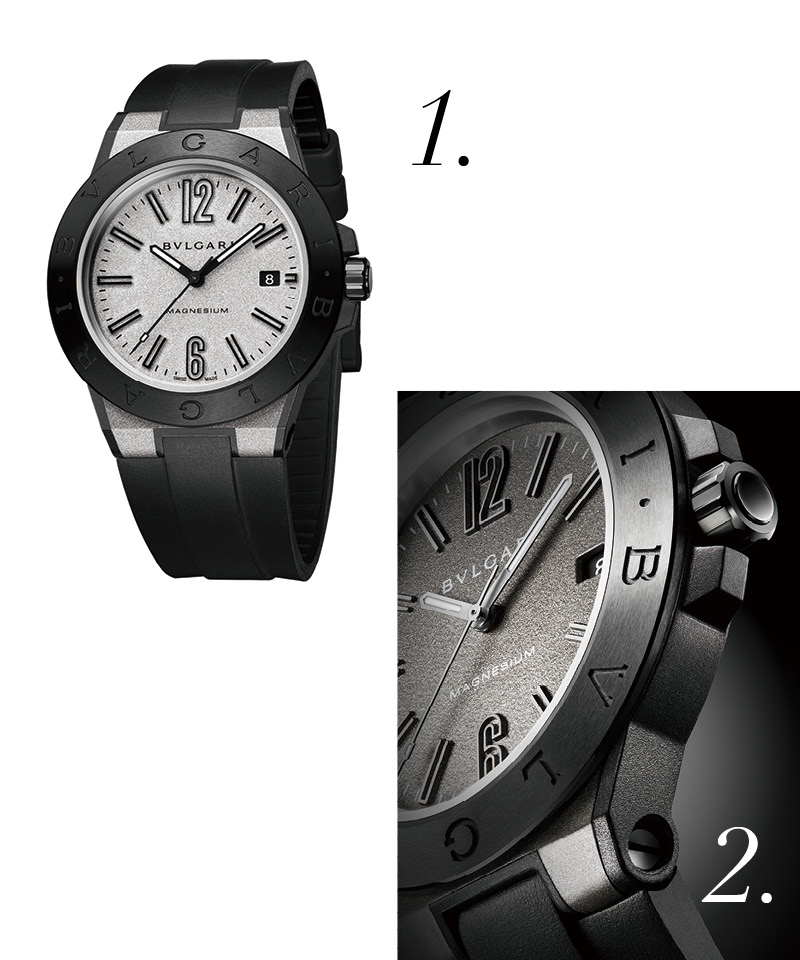 1.Bvlgari Diagono Magnesium腕錶，搭載自動上鍊機械機芯、精鋼錶殼、時分秒顯示、日期窗、41mm、防水深度100米。
2.錶殼中層的新材質，鎂合金（Magnesium）、PEEK高分子聚合物，是這款腕錶的亮點。