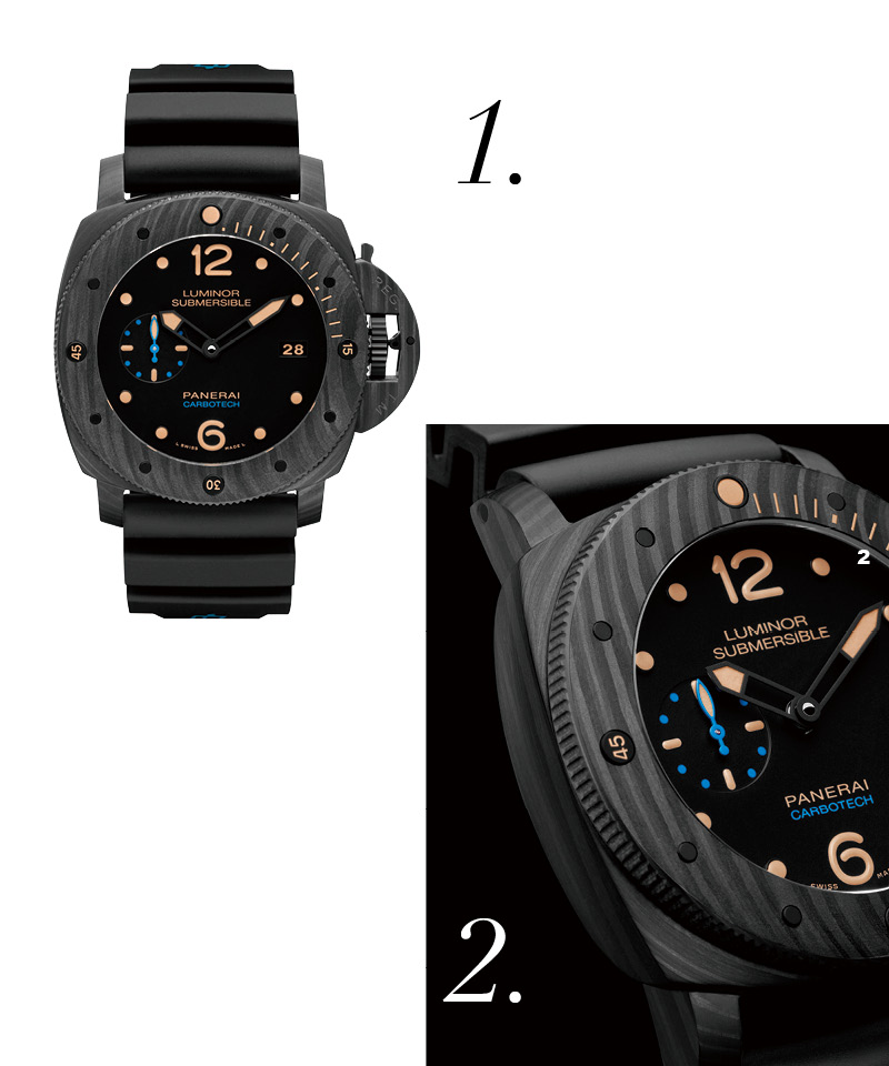 1.PANERAI沛納海 Luminor Submersible 1950 Carbotech™腕錶，自動上鍊機械機芯、carbotech碳纖維錶殼、時分顯示、小秒盤、日期窗、47mm、防水深度100米。
2.全新carbotech碳纖維複合物料製成的錶殼，形塑出不同紋理細節。