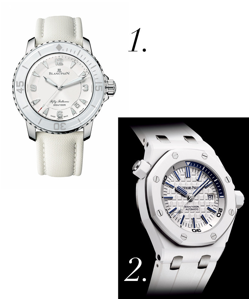 1.Blancpain寶鉑錶 Fifty Fathoms Automatique五十噚潛水錶，自動上鍊機芯、不銹鋼錶殼、時分秒顯示、日期窗、45mm、防水深度300米。
2.AUDEMARS PIGUET愛彼錶 皇家橡樹離岸型系列DIVER潛水錶，自動上鍊機芯、白色超級陶瓷錶殼、時分秒顯示、日期窗、42mm、防水深度300米。