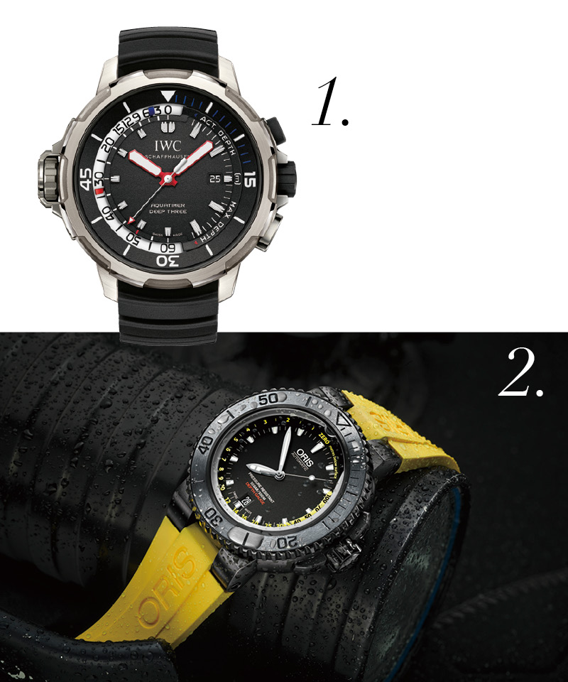 1.IWC 海洋時計深海三號腕錶，自動上鍊機芯、鈦金屬錶殼、時分秒顯示、46mm、防水深度100米。
2.ORIS Aquis Depth Gauge 深度測量潛水錶，自動上鍊機芯、不鏽鋼錶殼、時分秒顯示、日期窗、46mm、防水深度500米。