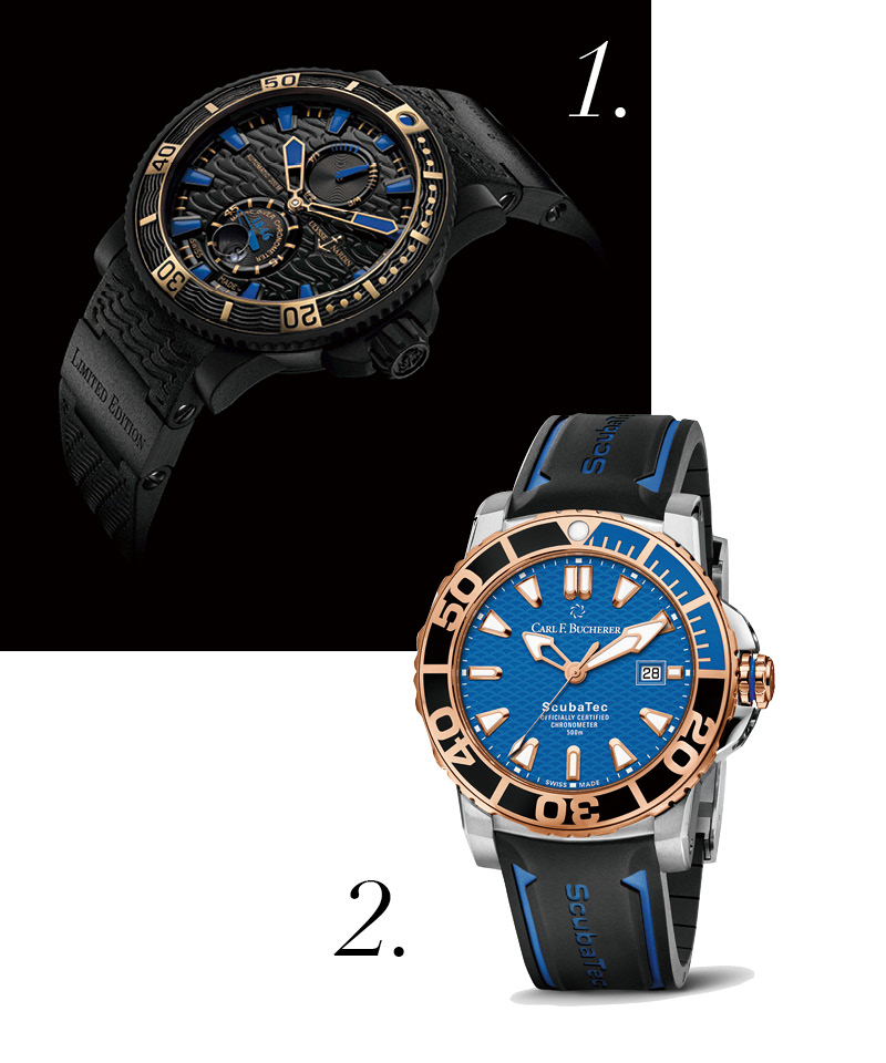 1.ULYSSE NARDIN Black Sea 潛水腕錶，自動上鍊機芯、不銹鋼錶殼、時分顯示、超大小秒盤、45.8mm、防水深度200米。
2.Carl F. Bucherer 寶齊萊 柏拉維ScubaTec潛水腕錶，CFB 1950.1自動上鍊機芯、精鋼錶殼、時分秒顯示、日期窗、44.6mm、防水深度500米。