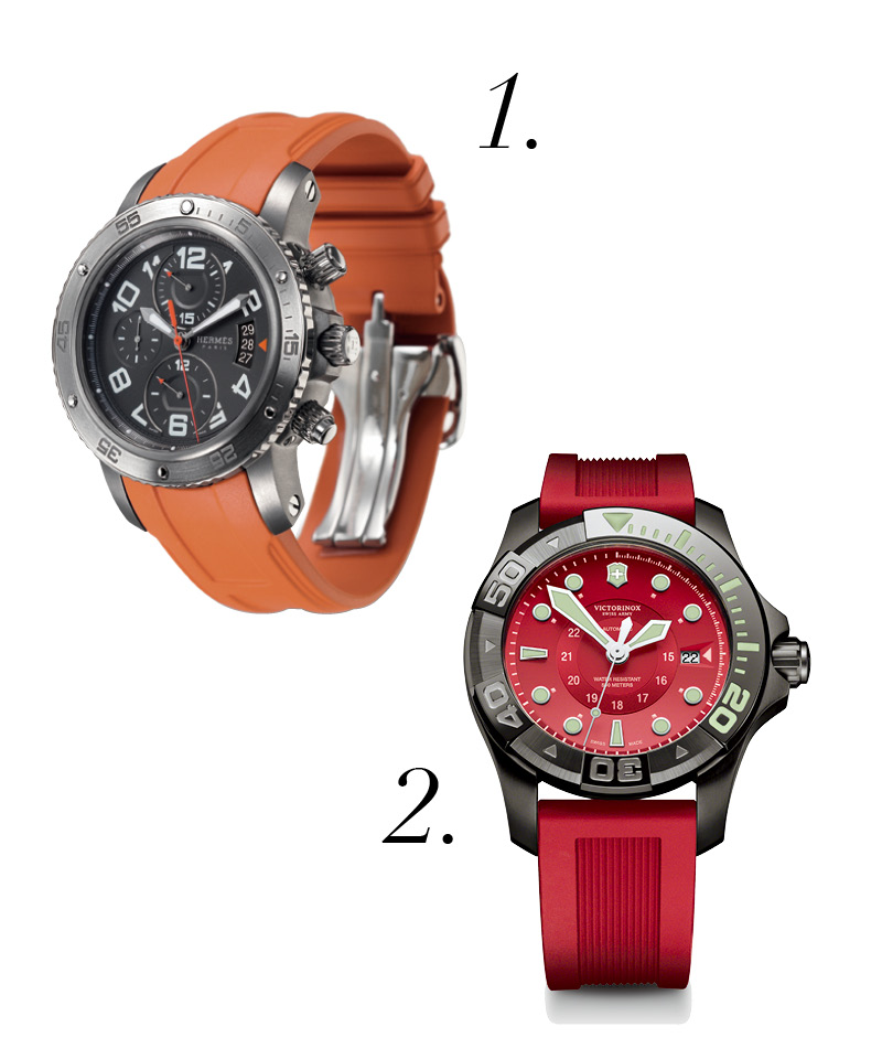 1.Hermès Clipper潛水錶，搭載自動上鍊機芯、鈦金屬錶殼、計時碼錶、時分秒顯示、日期窗、防水深度200米。
2.VICTORINOX SWISS ARMY DIVE MASTER 500腕錶，推出石英及自動上鍊機芯、不鏽鋼錶殼、時分秒顯示、日期窗、兩種尺寸（38mm、43mm）防水深度500米。