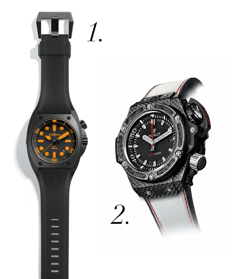1.Bell & Ross 02 INSTRUMENT專業潛水錶，自動上鍊機械機芯、不銹鋼錶殼、時分秒顯示、日期窗、44mm、防水深度1000米。
2.Hublot宇舶錶 深海探秘 EXO4000米潛水錶，自動上鍊機械機芯、啞光碳纖維錶殼、時分秒顯示、48mm、防水深度4000米。