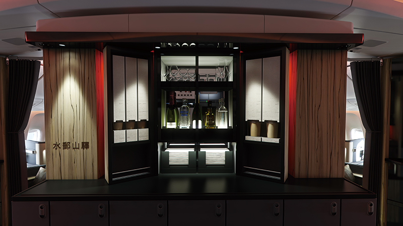 華航777-300ER商務艙SKY LOUNGE現代中帶有古意。