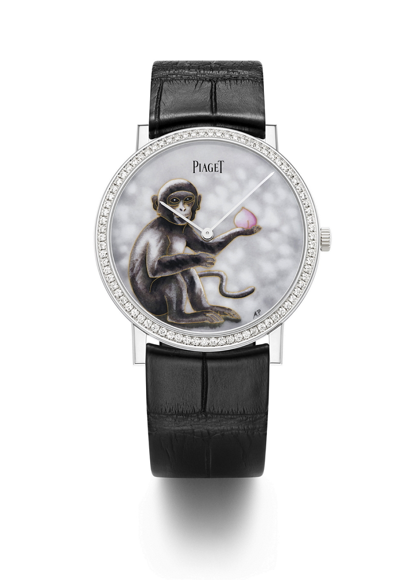 Piaget Altiplano掐絲琺瑯腕錶，手動上鍊機芯、18K 白金錶殼、時分顯示、錶徑38mm／NTD 2,210,000。