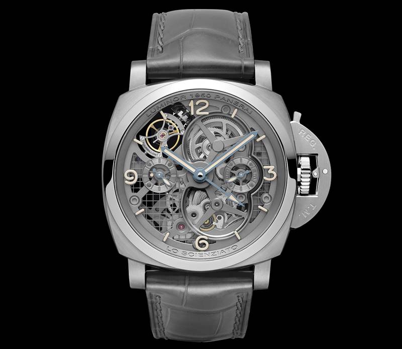 Lo Scienziato─Luminor 1950 Tourbillon GMT Titanio，47毫米陀飛輪兩地時間鈦金屬腕錶，限量150枚。