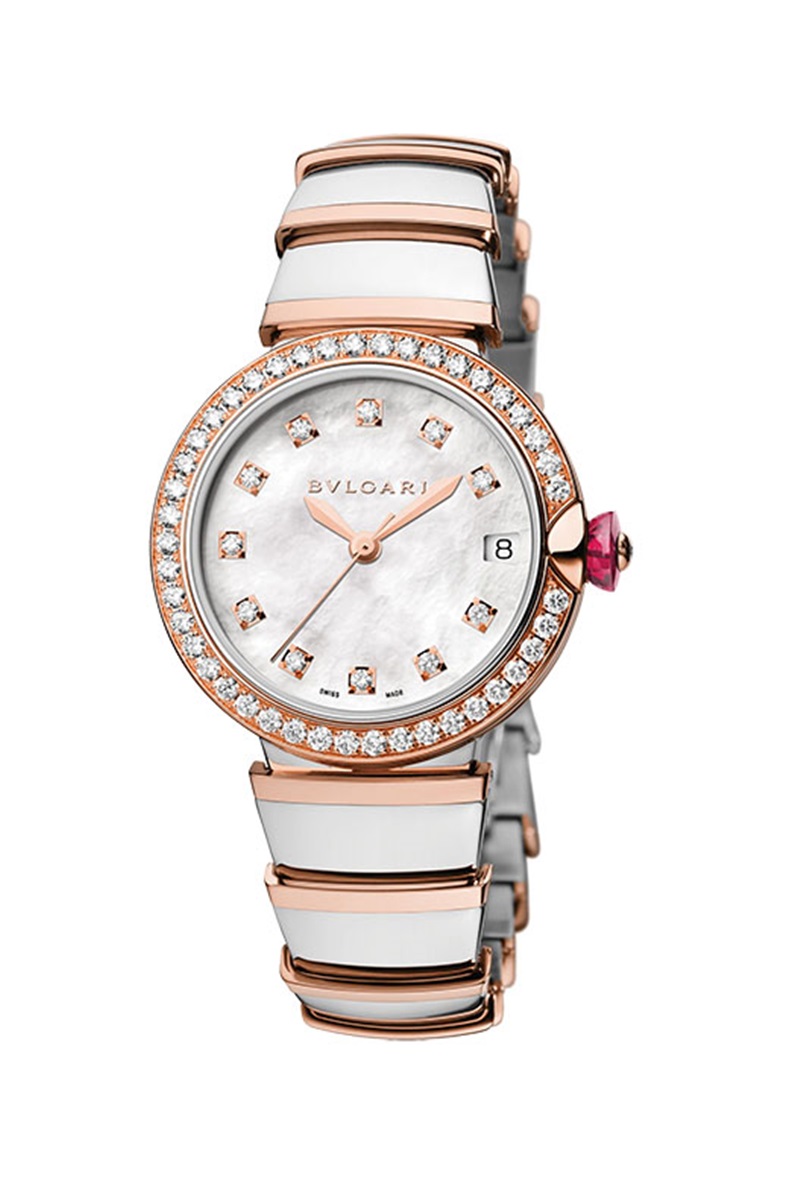 BVLGARI LVCEA腕錶，手動上鍊機芯、精鋼錶殼、18K玫瑰金鑲鑽錶圈、時分顯示、日期窗、33mm、防水深度50米／NTD518,000元。