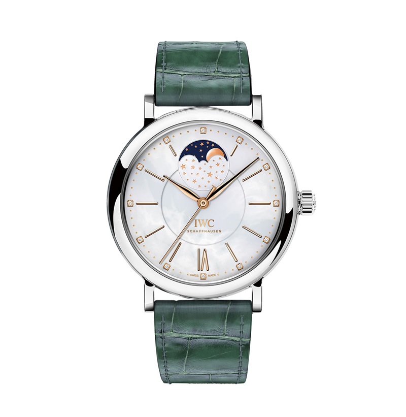 IWC Portofino 腕錶，自動上鍊機芯、月相功能、時分顯示、精鋼錶殼、防水30米、錶徑37mm。