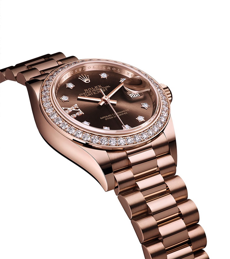 ROLEX Lady-Datejust腕錶，自動上鍊機芯、18K玫瑰金蠔式錶殼、時分秒顯示、放大日期窗、28mm、防水深度100米。