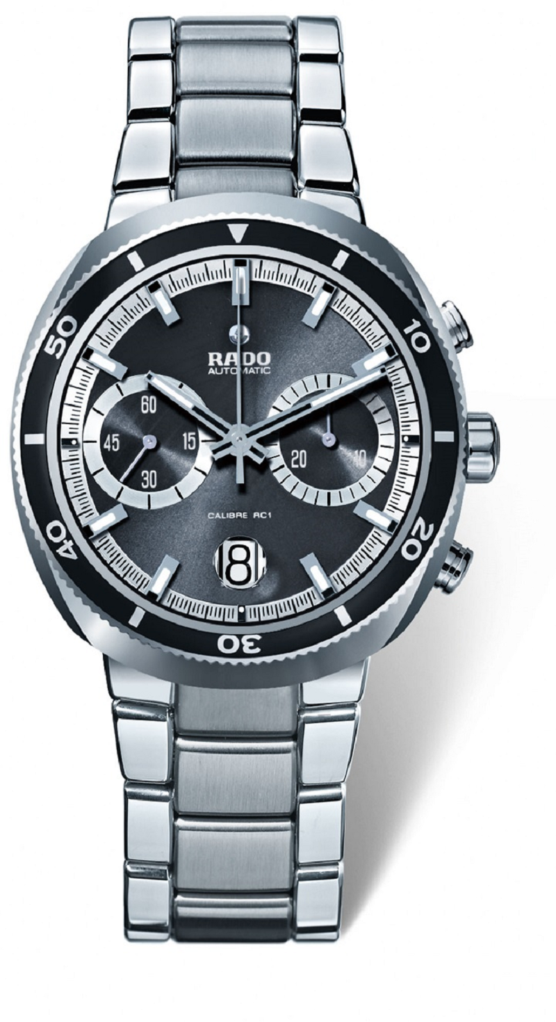RADO D-Star 200系列，搭載ETA 2824-2自動上鍊機芯、不鏽鋼錶殼、時分秒顯示、日期窗、計時碼錶、42.0 mm寬 x 46.0 mm長 x 12.5 mm高、防水深度200米。