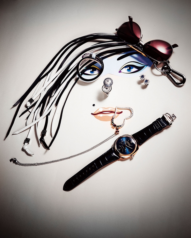 Watch & Jewelry，逆時針
Graff 藍寶石戒指神秘錶／價格店洽；Piaget 鑲鑽愛心項鍊／NTD835,000；Panerai沛納海 45毫米8日動力儲存兩地時間紅金腕錶／NTD1,095,000；Harry Winston Sunflower系列藍寶石鑽石耳環／NTD1,125,000。

Fashion Accessory
Gucci 竹節金屬框墨鏡／價格未定；Loewe 黑白色流蘇皮革鑰匙圈／NTD14,000；Bvlgari Serpenti 勿忘我藍色皮革手環／NTD12,900。
