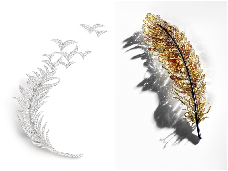 (左)BOUCHERON Plume de Paon孔雀羽毛胸針。 (右)CINDY CHAO The Art Jewel金黃羽飾胸針。