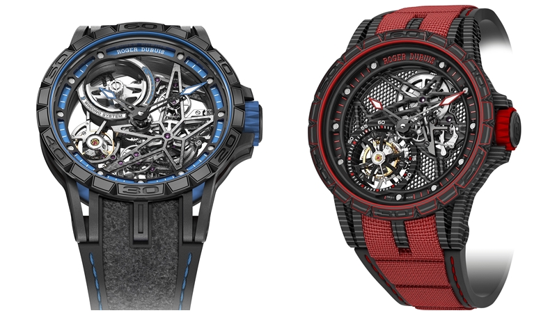 ROGER DUBUIS（左）Excalibur Spider王者之劍系列Pirelli合作鏤空雙陀飛輪腕錶。（右）王者之劍Spider系列碳纖維飛行陀飛輪腕錶。