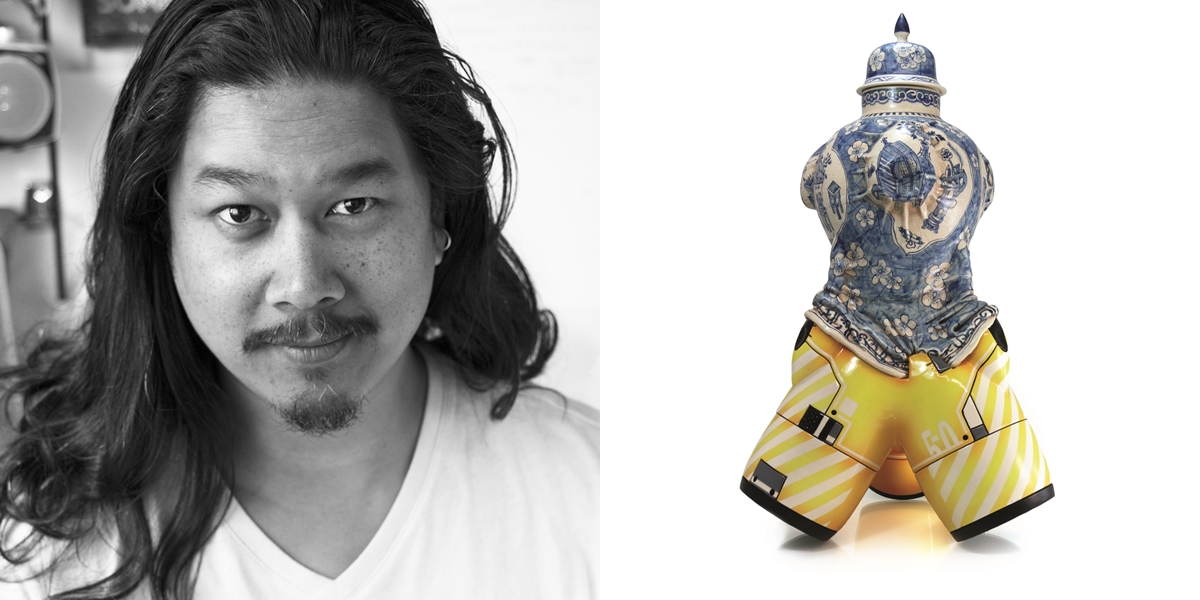 Brendan Lee Satish Tang，加拿大
父母均來自千里達島的Brendan Tang，1975年出生於都柏林。對美國中西部陶瓷感興趣的他，曾於加拿大修讀藝術，並現居溫哥華。
《Manga Ormolu Ver.5.0-s》，低溫陶瓷、釉料、壓克力，40.6 x 40.6 x 64 cm，2016年，一個集陶瓷傳統、流行文化和技術美學於一身的結合體。此作品利用機械義肢，為中式花瓶的傳統模樣立下新定義，創造以粘土及壓克力融為一體之作。