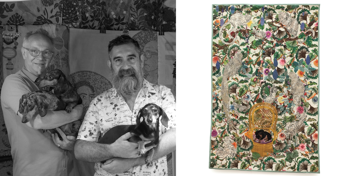 Chiachio＆Giannone，阿根廷
Leo Chiachio於1969年在布宜諾斯艾利斯出生，Daniel Giannone則於1964年
在阿根廷的科爾多瓦出生。現居及活躍於布宜諾斯艾利斯。
Chiachio＆Giannone，阿根廷，《Selva Blanca》，棉線、人造絲、木、織物、首飾、線，460 x 285 cm 1套3件，2015年，令人感到快樂而具想像力的大型手製紡織品，用上豐富的繡花材料如首飾，來創造出一個動物王國，並透過多樣化如森林的色彩及形狀，締造出栩栩如生的感覺。