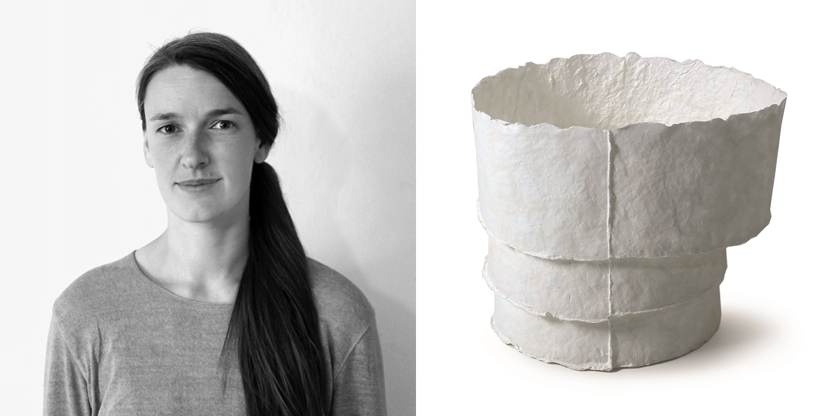 Kristina Rothe，德國
Kristina Rothe，生於1983年，在德國修讀紡織設計。自2014年，
便一直投身於手工紙製品和製甕技術至今。
《Burial object “Steps”》，手製紙，18 x 14 x 18 cm，2010年，一個深具詩意的葬禮容器，用上一瞬即逝的輕巧手製紙張製成，以簡單的感官形狀、光鮮的色澤及物料短促的特質，象徵著一個全新的開端。