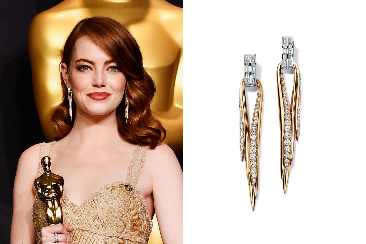 Emma Stone：Tiffany & Co. 2017 Blue Book 系列18K金與鉑金鑲嵌矩形及圓形明亮式切割鑽石耳環／價格店洽。