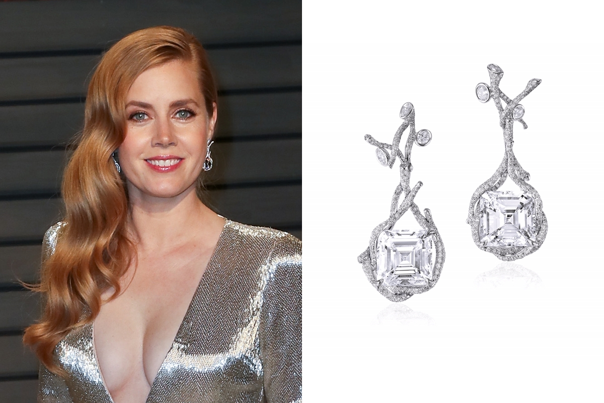 Amy Adams：Cindy Chao The Art Jewel四季系列白鑽樹枝耳環，配對花式切割白鑽約20.13克拉，934顆白鑽約4.13克拉，18K白金／NTD 62,720,000。