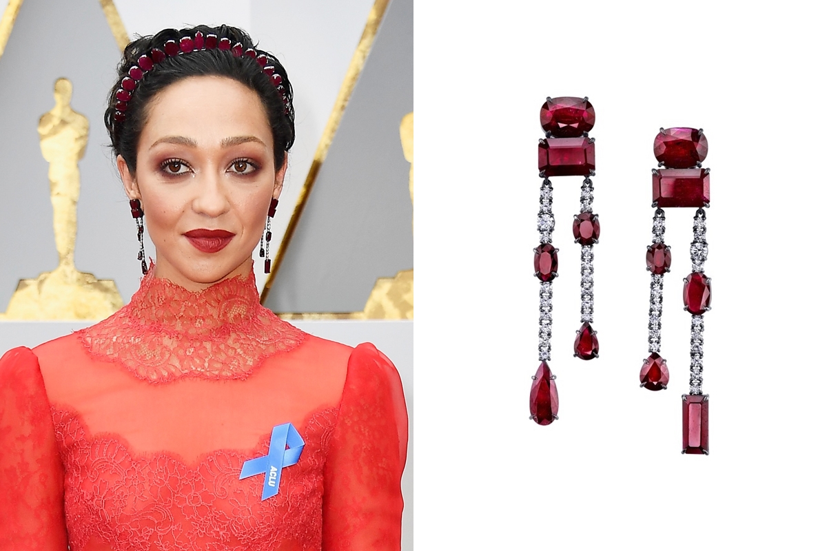 Ruth Negga：Irene Neuwirth紅寶石耳環，Gemfields莫三比克紅寶石。