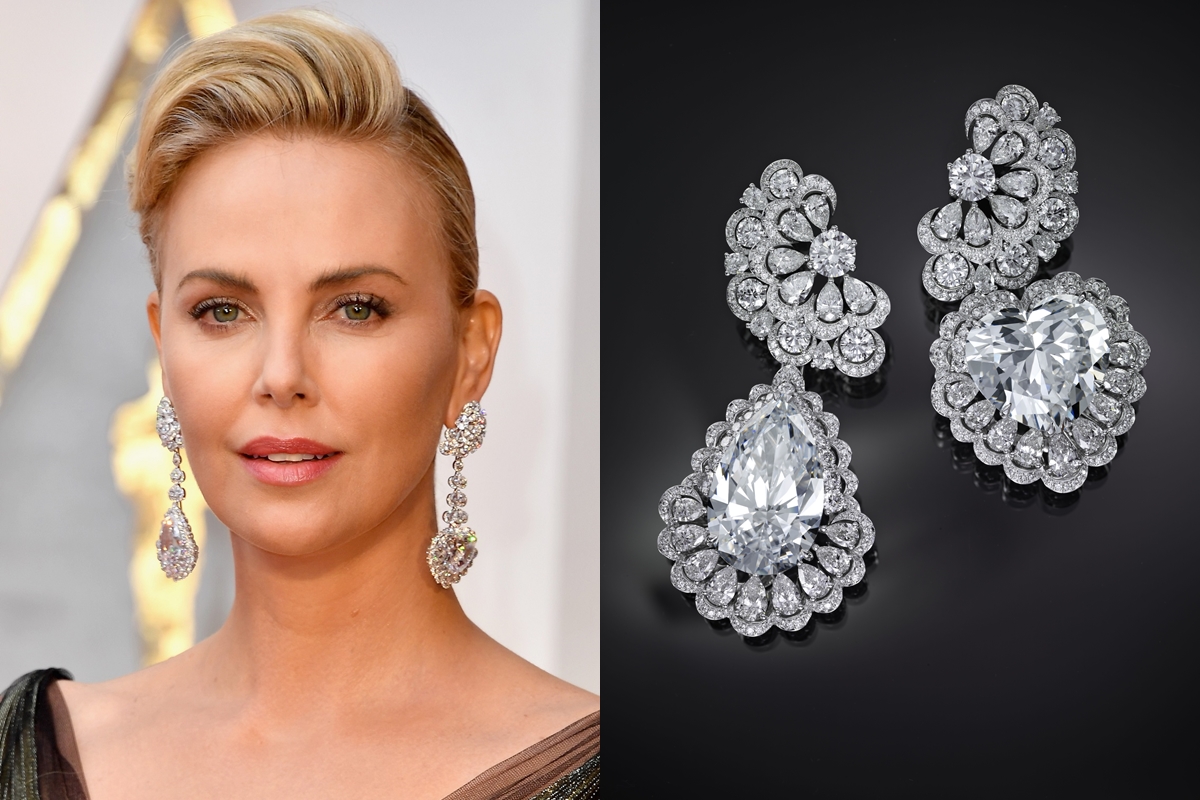 Charlize Theron：Chopard Garden of Kalahari系列耳環，18K白金鑲嵌25克拉梨型切割鑽石（D-flawless），26克拉心型切割鑽石（D-flawless），4.55克拉梨型切割鑽石，4.35克拉明亮式切割鑽石／價格店洽。