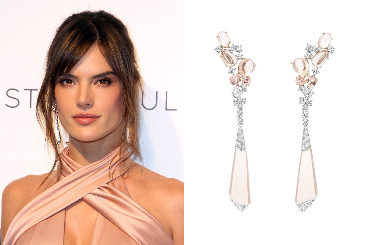 超模Alessandra Ambrosio：Boucheron Halo Delilah光暈流蘇耳環，12顆摩根石共31,62克拉，94顆鑽石共3,82克拉／價格店洽。
