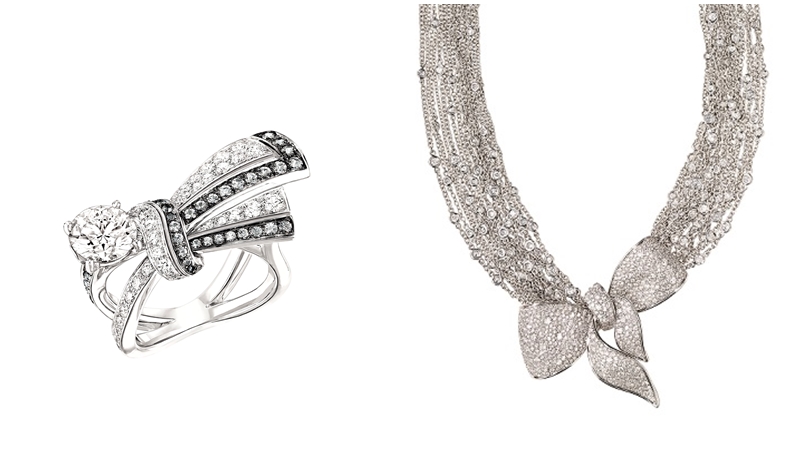 （左）CHANEL Marthe戒指，灰色尖晶石與鑽石。、（右）DAMIANI Fiocco蝴蝶結大師系列，白金鑲全鑽項鍊。