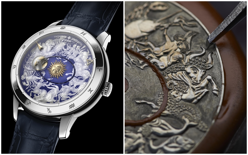 2017年最新Métiers d’Art藝術大師系列Copernicus celestial spheres哥白尼天體球2460 RT。（左）藍寶石水晶鐳射雕刻與手工雕刻腕錶；（右）手工雕刻錶盤細節。