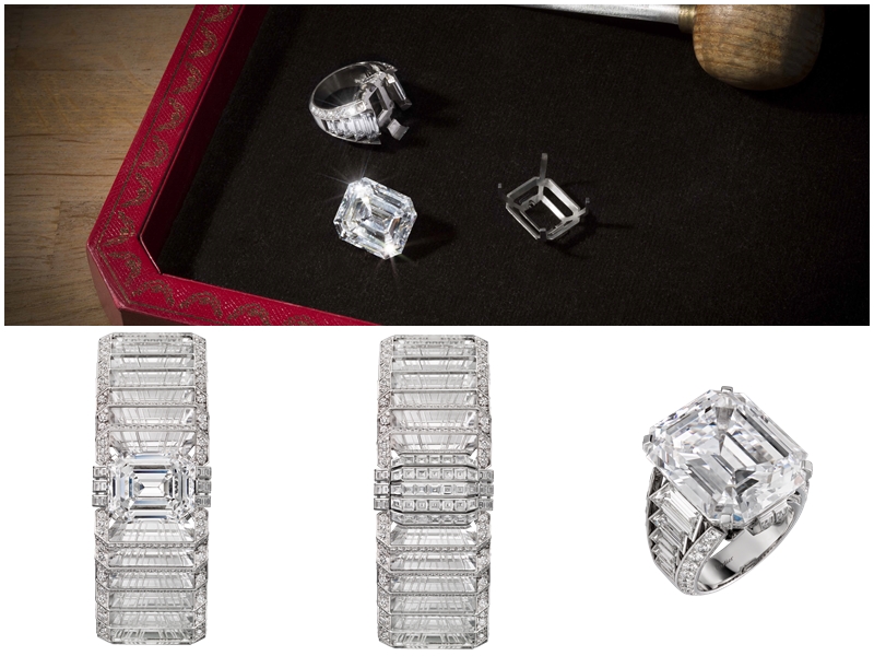 Cartier Magicien系列Illumination鑽石手環／戒指，一顆重達31.16克拉的DIF Type IIa級祖母綠形切割鑽石，可配戴於戒指上或以鋪鑲圖案取代。