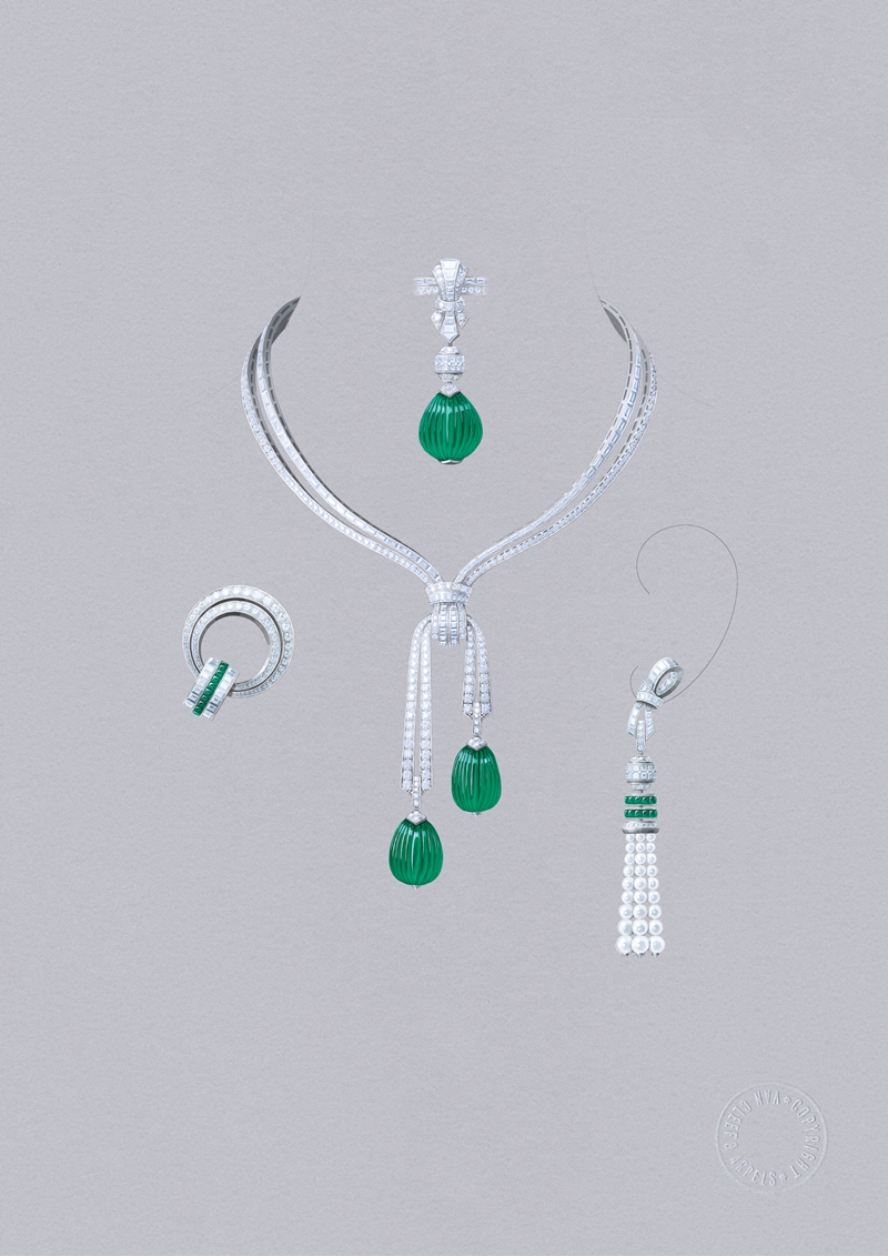 Van Cleef & Arpels ÉMERAUDE EN MAJESTÉ高級珠寶系列，Grand Opus套裝珠寶，三顆祖母綠墜飾與珍珠流蘇墜飾，可自由轉換成項鍊吊墜、胸針與耳環等多種配戴形式。