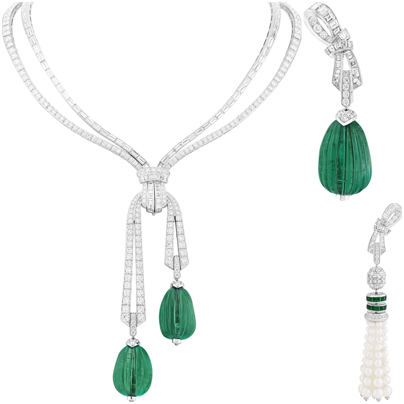 Van Cleef & Arpels ÉMERAUDE EN MAJESTÉ高級珠寶系列，Grand Opus套裝珠寶，三顆祖母綠墜飾與珍珠流蘇墜飾，可自由轉換成項鍊吊墜、胸針與耳環等多種配戴形式。