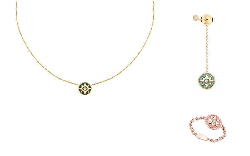 Dior Joaillerie（左）孔雀石黃金項鍊／NTD64,000、（右上）單只綠松石黃金耳墜／價格店洽、（右下）粉紅蛋白石玫瑰金戒指／價格店洽。