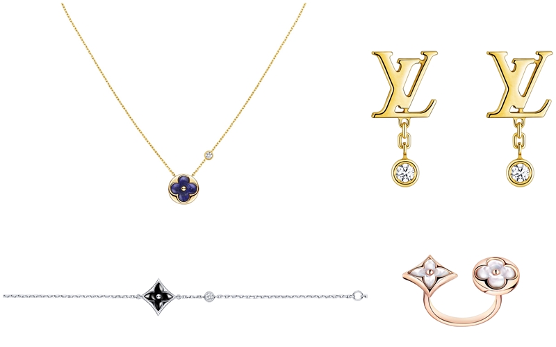 LOUIS VUITTON（左上）Sun Blossom青金石項鍊／NTD105,000、（左下）Star Blossom BB縞瑪瑙手鍊／NTD76,500、（右上）Color Blossom BB耳環／價格店洽、（右下）Blossom BB戒指／NTD123,000。