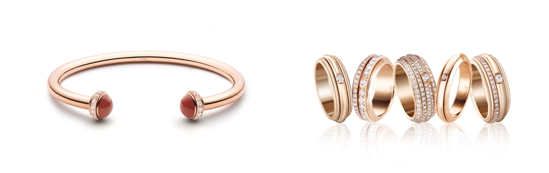 PIAGET （左）Possession 18K玫瑰金鑲鑽紅玉髓圓珠手鐲／NTD176,000、（右）Possession 18K玫瑰金指環／價格店洽。