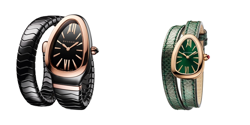 （左）Serpenti Spiga腕錶，黑色陶瓷錶殼搭配18K玫瑰金錶圈。（右）全新Serpenti綠色水蛇皮玫瑰金腕錶。