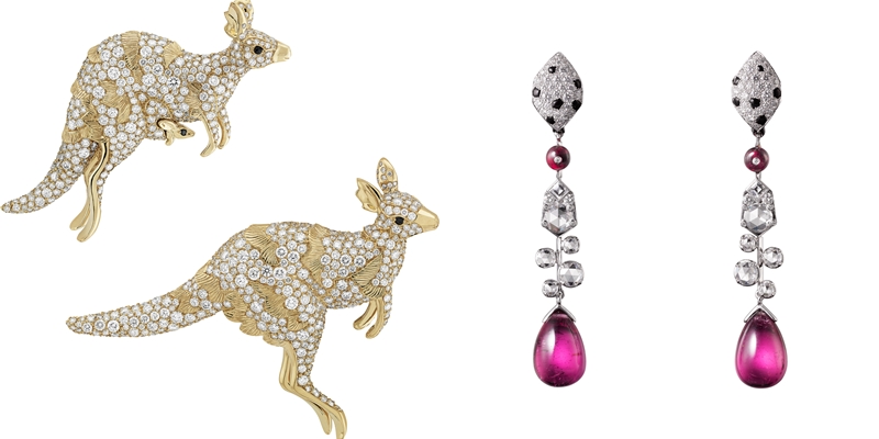 （左）Van Cleef & Arpels Kangourous袋鼠胸針，黃K金鑲嵌鑽石與黑色尖晶石、（右）Cartier Leviosa紅碧璽鑽石耳環，鑲嵌黑色縞瑪瑙呈現美洲豹紋。