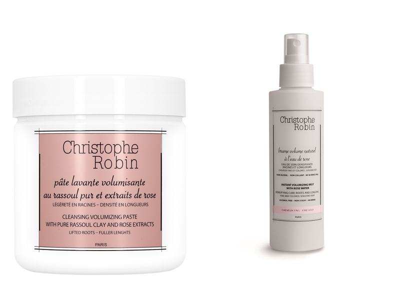 （左）Christophe Robin 玫瑰豐盈淨化髮泥 250ml NTD1680。／（右）Christophe Robin 玫瑰豐盈護色噴霧 150ml NTD1350。