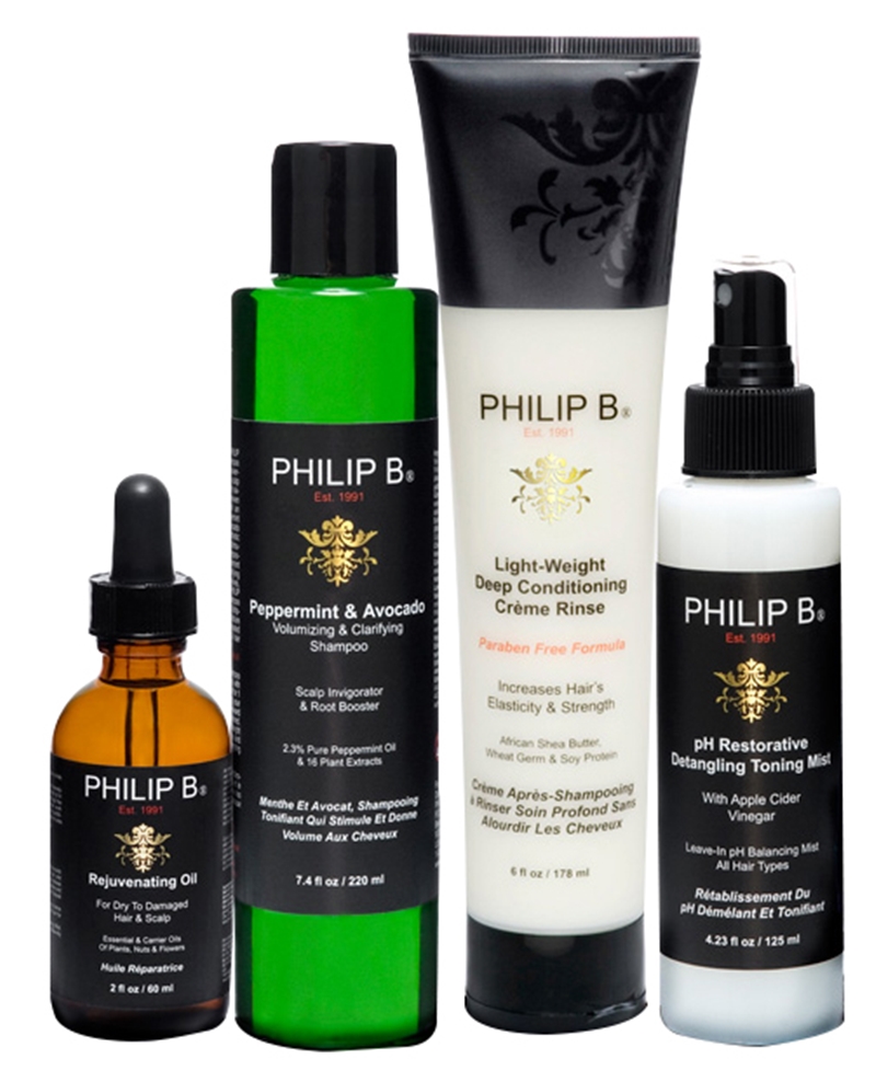 Philip B將珍貴的琥珀油結合甘菊、葡萄籽、迷迭香等天然植物萃取，注入秀髮養護當中，瞬間使髮絲光澤及柔順。