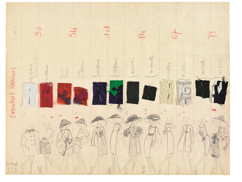 1962年春夏系列草稿，簡單素描線條和布料搭配，精準理出當季時尚重點。
