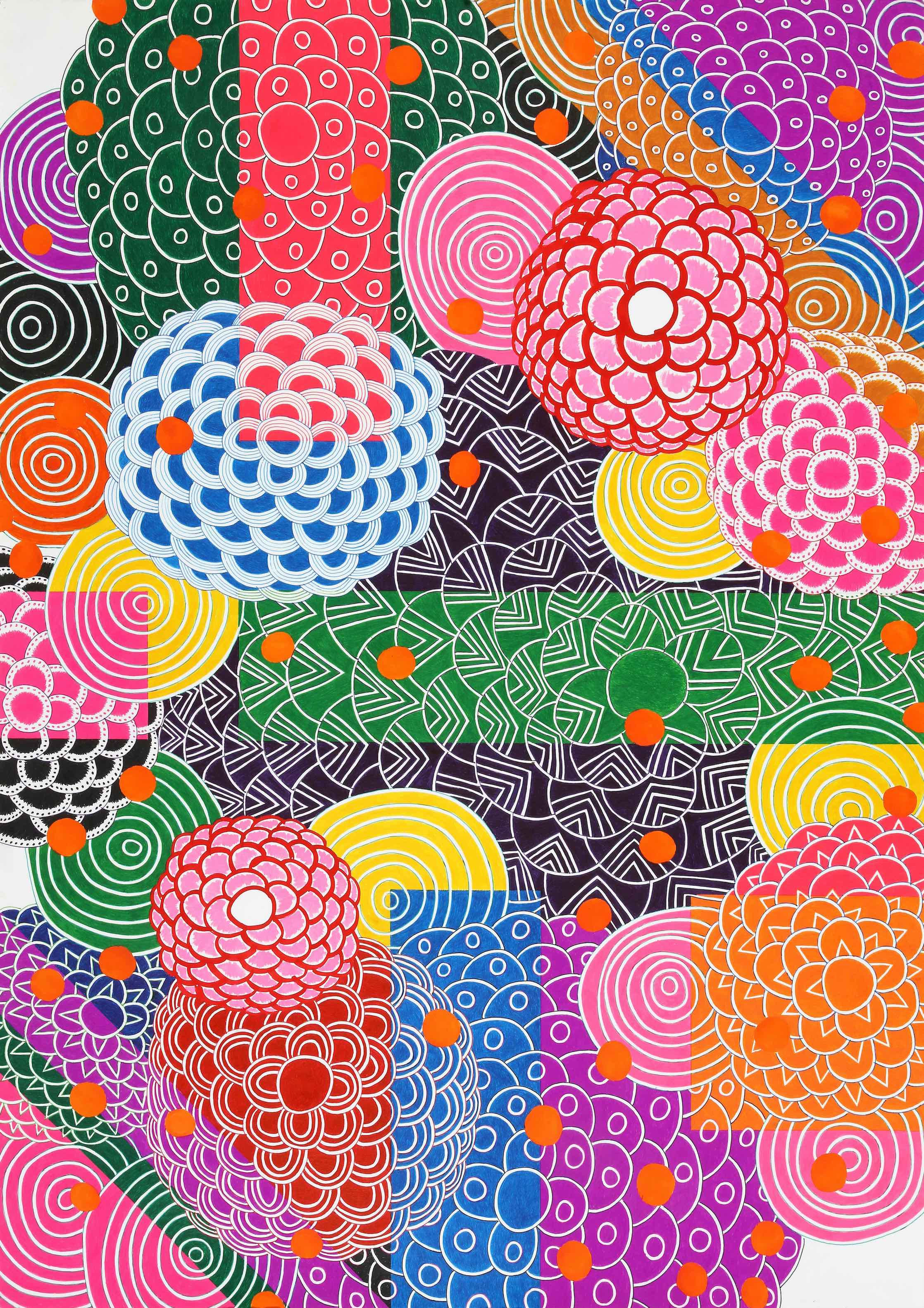 高士畫廊，曾雍甯，綻放57，107x75cm，原子筆紙本，2018